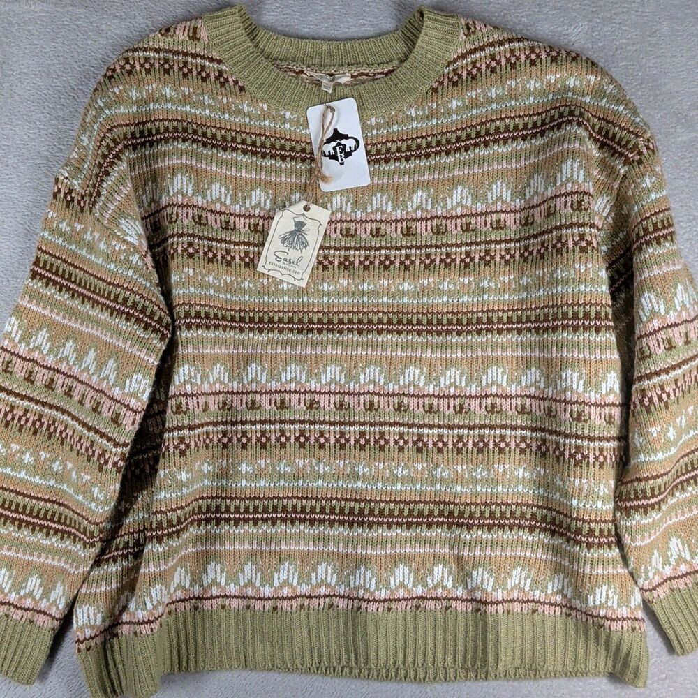 Easel Fair Isle Knit Crewneck Sweater Women's Large Green Nordic Winter Ski